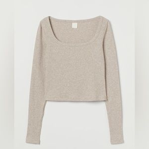 Light beige melange ribbed long sleeve top